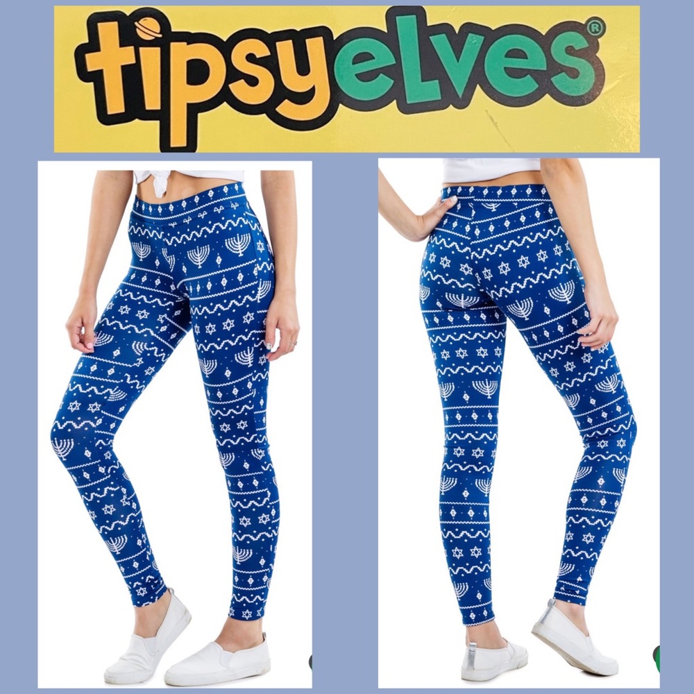 Tipsy Elves Lit Menorah Hanukkah blue leggings.  Size Large